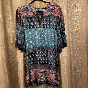 Angie, bohemian mini dress.  Cotton, lace and brass.